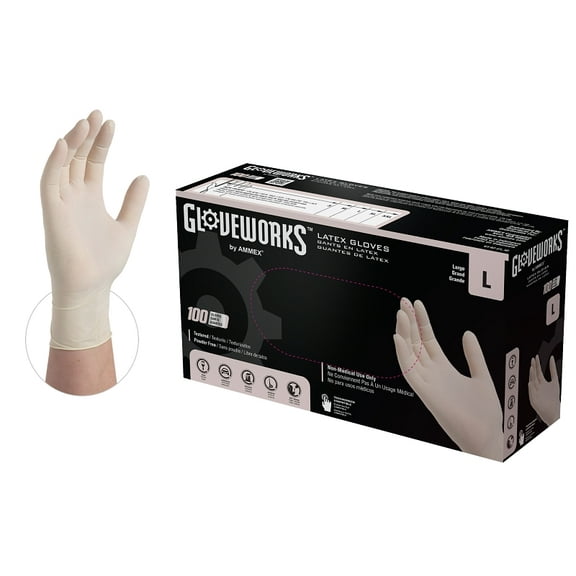 Gloveworks Latex Powder Free Industrial Disposable Gloves, Large, Ivory, 100/Box