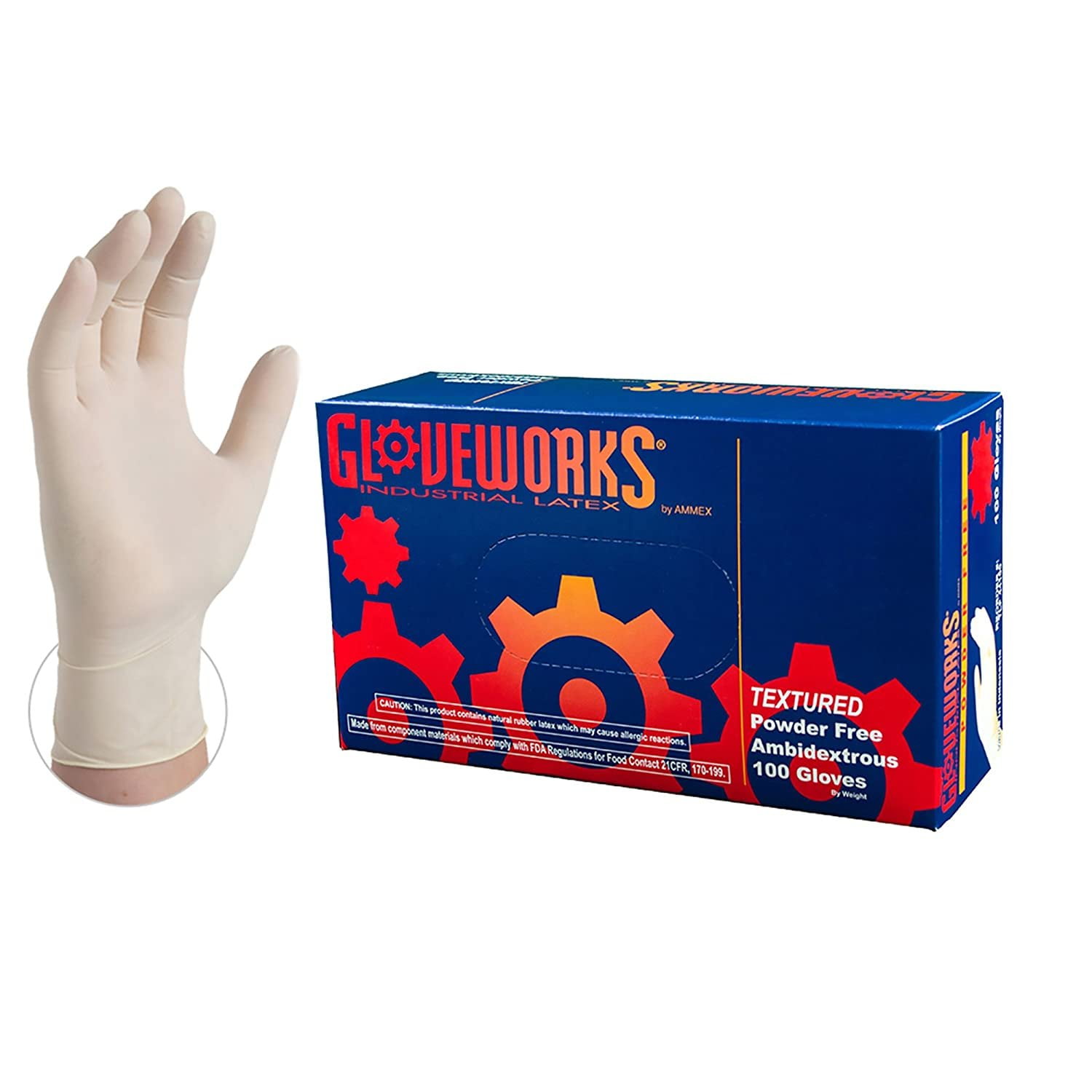 Gloveworks Powder Free Textured Latex Gloves, Large