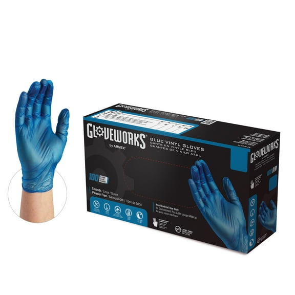 Gloveworks Vinyl Latex Free, Powder Free, Industrial Disposable Gloves, Medium, Blue, 100/Box
