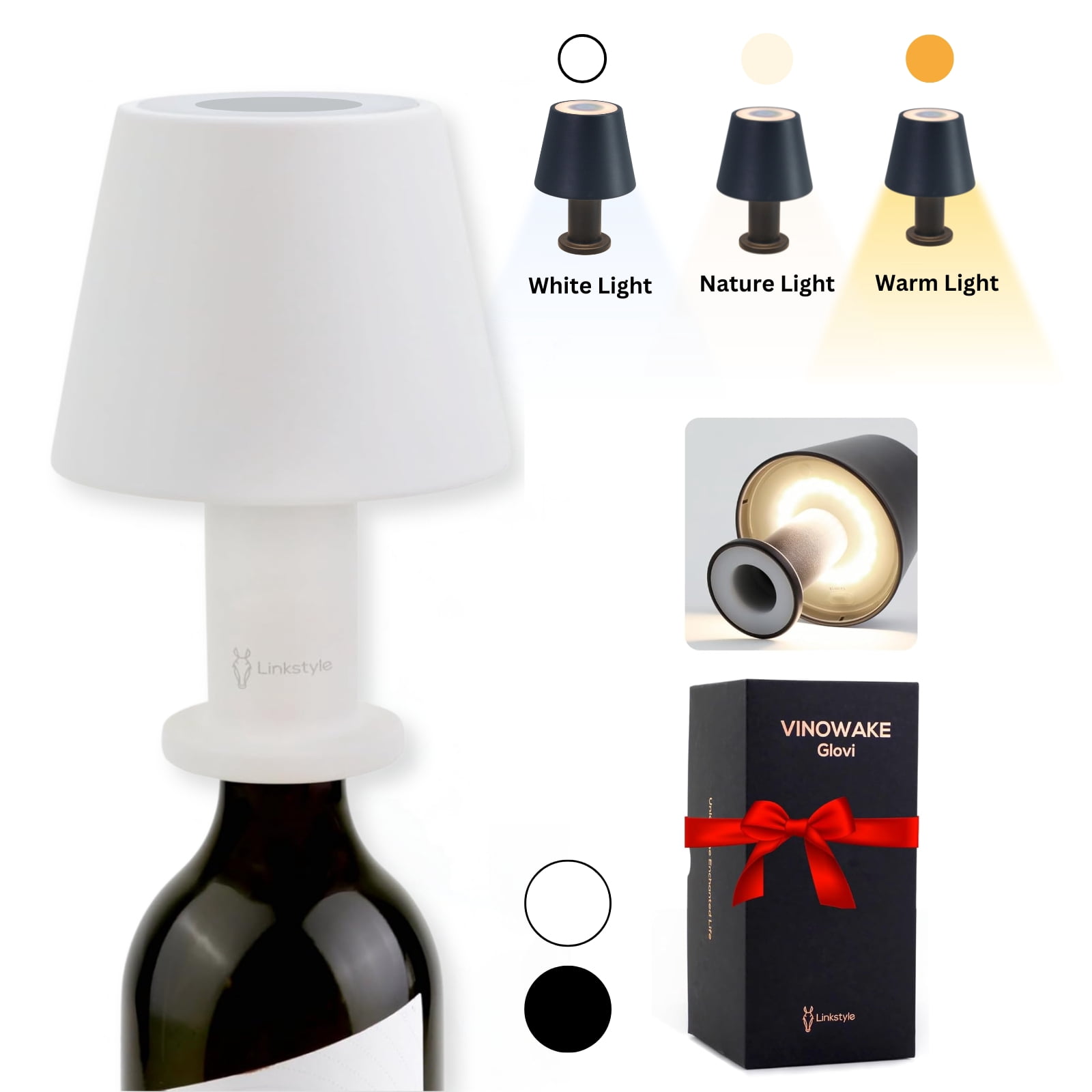 GLOVI Wine Bottle Lamp with Luxurious Metal Shade — Premium Decorative Rechargeable LED Wireless Bottle Light, Dimmable Lights, Waterproof for Indoor and Outdoor Dining (White) By LINKSTYLE
