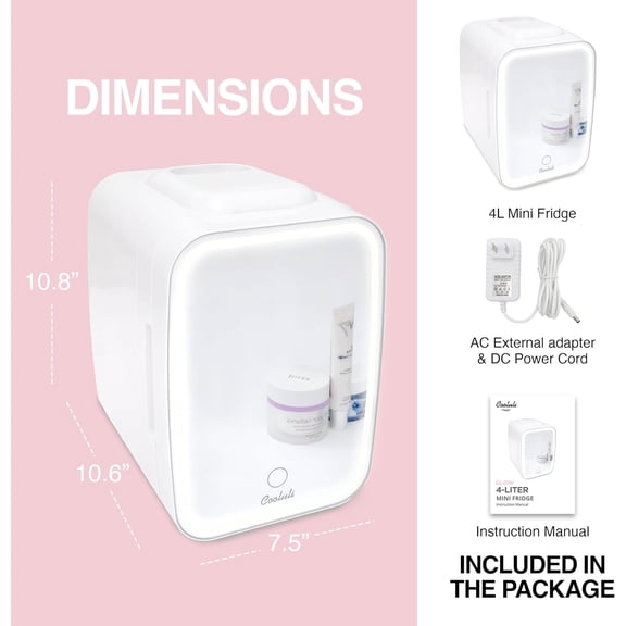 Glow 4L Mini Skincare Fridge with Mirror & LED Light - Small Refrigerator for Skin Care, Makeup, Food & Drinks - Portable Mini Fridge for Bedroom & Office, 100-240V, White Mirror LED