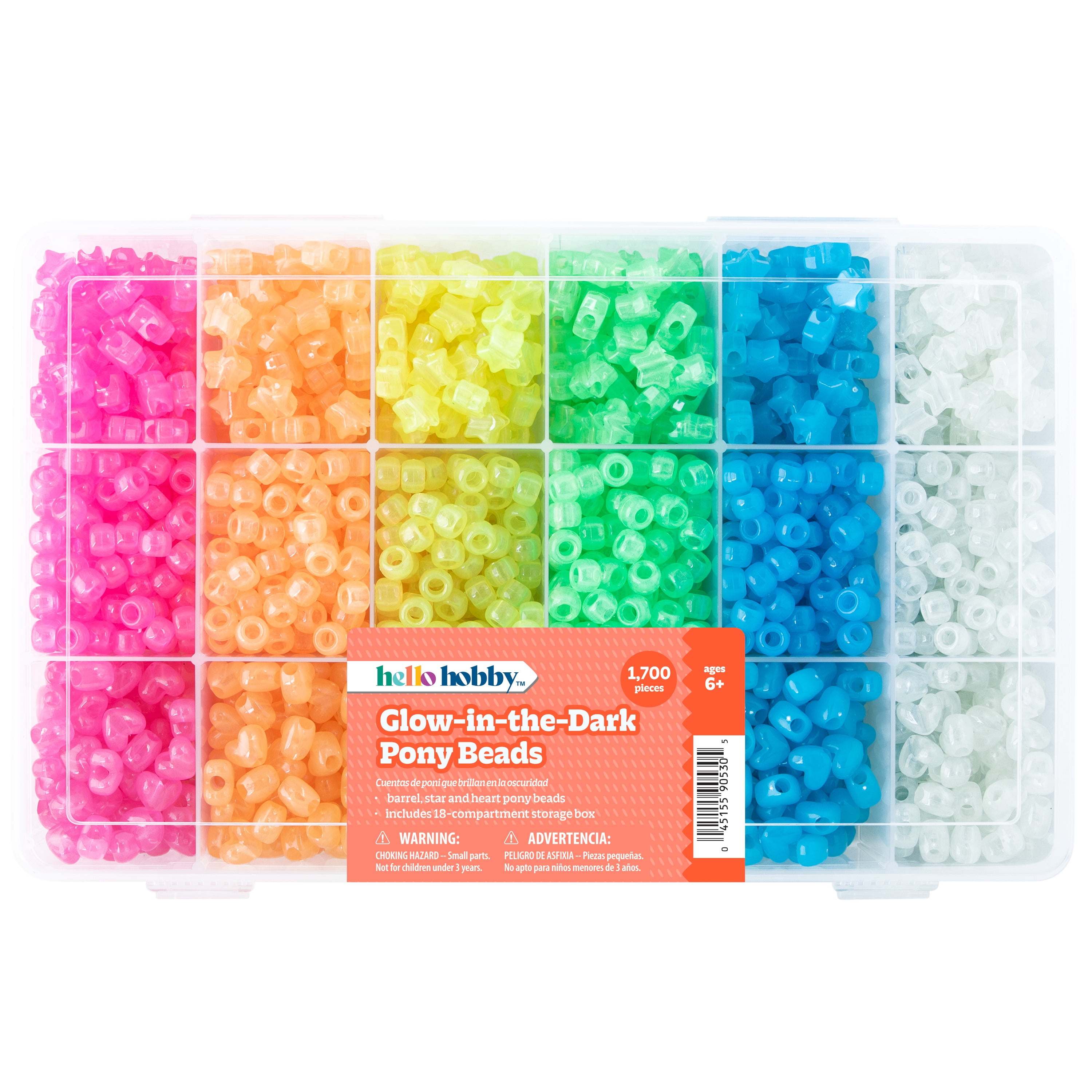 Hello Hobby Glow Bead Box- Plastic Heart, Star, and Pony Beads