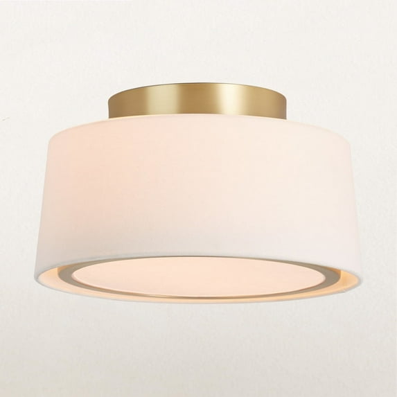 Mid-century Round Semi Flush Mount, 18 Inch Ceiling Light with Linen Shade, Antique Brass Ceiling Lamp, Close to Ceiling Light for Bedroom, Living Room, Dining Room