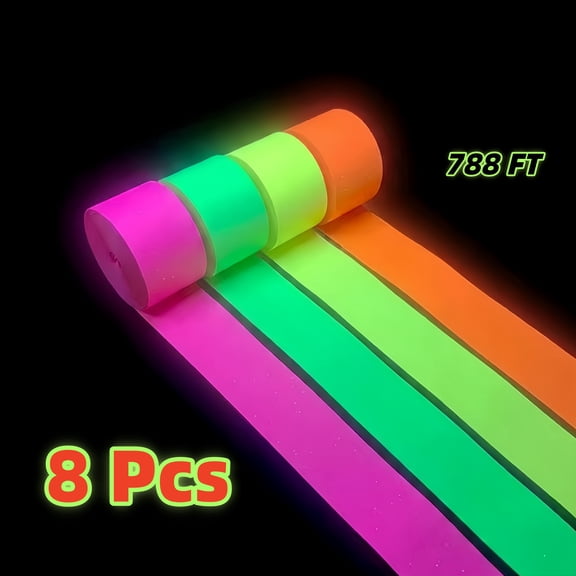 Glow Crepe Paper Streamers,UV Glow Party Neon Streamer Glow Party Supplies for Wedding, Birthday, Neon Party, Fiesta Party 8 Rolls 788FT