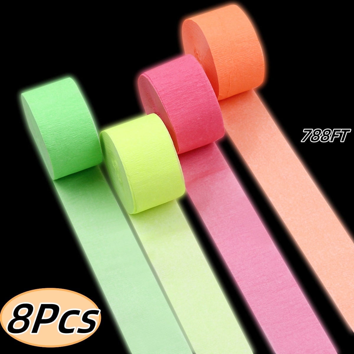 Glow Crepe Paper Streamers,UV Glow Party Neon Streamer Glow Party Supplies for Wedding, Birthday, Neon Party, Fiesta Party 8 Rolls 788FT