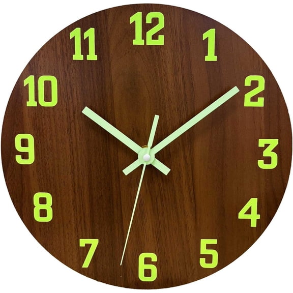 Glow In The Dark 10-Inch Silent Non Ticking Wall Clock With Night Light, Battery Operated, Brown Decorative Wall Clock For Living Room Kitchen Bedroom