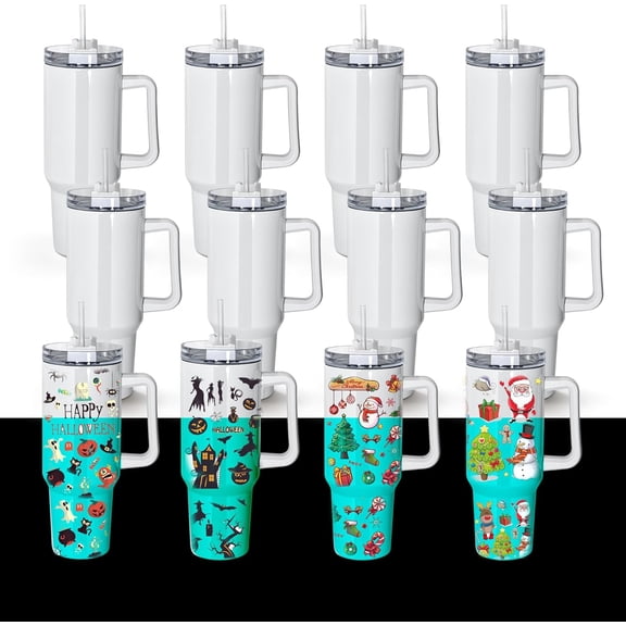 Glow in the Dark 40oz Sublimation Tumblers, 12Pack 40oz Stainless Steel Tumbler With Handle, Double Wall Vacuum Insulated Travel Mugs for Heat Transfer Machine Printing, White to Blue