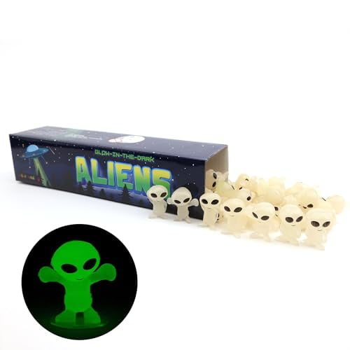 Glow in The Dark Alien Figurines for Kids in Gift Box - 48 Pcs Small Halloween Party Favors - Goodie Bag Fillers - Pinata Stuffers - Halloween Toys - Bulk Gifts for Kids - Vending Machine Toy