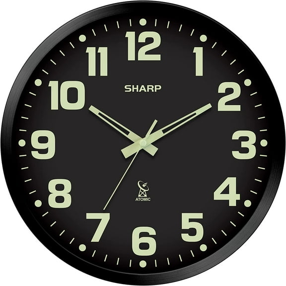 Glow in the Dark Atomic Analog Wall Clock - 12" Clock with Black Frame - Sets Automatically - Battery Operated - Easy to Read - Easy to Use – See Day or Night!