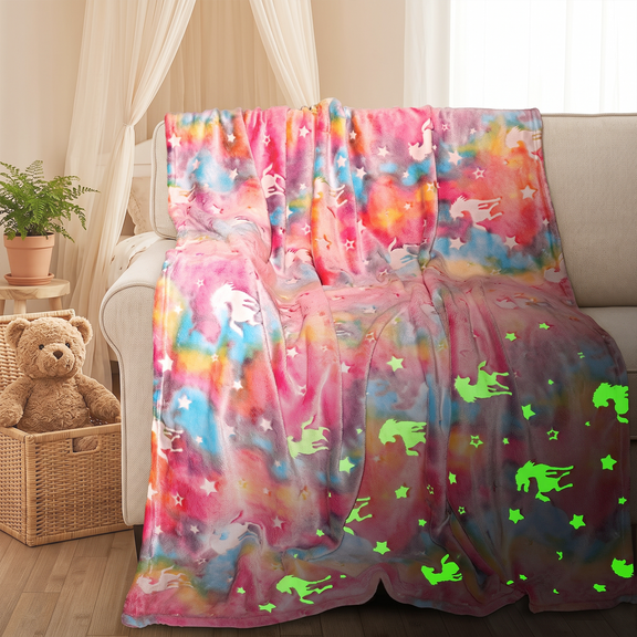 Xueyu Unicorn Glow in The Dark Blanket, Rainbow Tie Dye Gifts for Kids Boys Girls Age 3-12 Years Old, Soft Luminous Plush Throw Bedding, 50"x60"