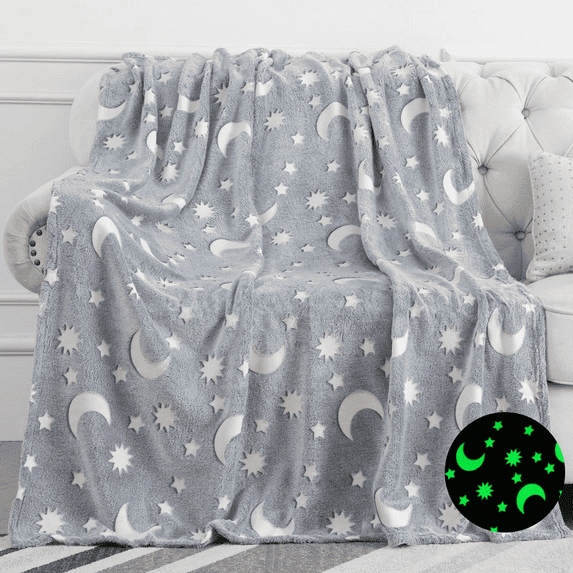 Glow in The Dark Blanket Moon and Star Throw Gifts Toys for Kids Girls Boys Bed Home Bedroom Living Room Decor Soft Cozy Fluffy Lightweight Luminous Plush Blankets Grey 70"x60"