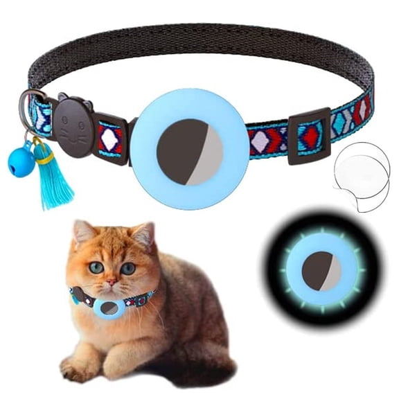 Glow in the Dark Cat Dog Collar, Lightweight, Bohemian Style, Geometric Pattern, Breakaway Kitten Collar with Bell and Cute Tassels, Secure AirTag Holder for Outdoor Cats