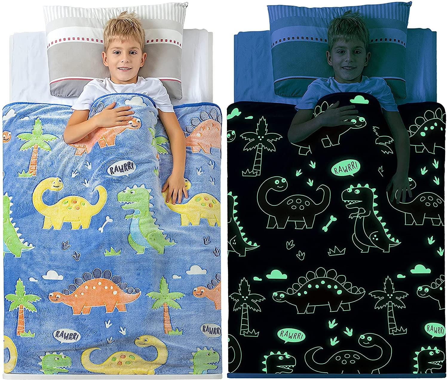 Glow in The Dark Dinosaur Blanket for Boys –Soft Plush Blue Fleece Throw Blanket. Great Dinosaur Gifts for Kids, Grandkids, Baby, Toddler, Birthday, Christmas! 6+ Hour Glow. (50”X60”)