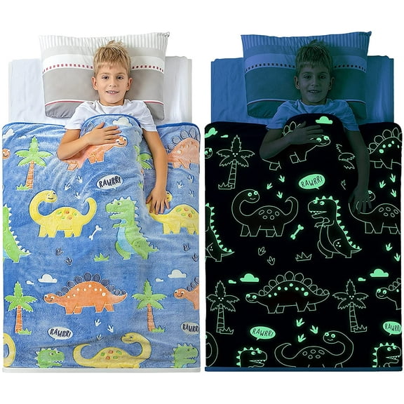 Glow in The Dark Dinosaur Blanket for Boys –Soft Plush Blue Fleece Throw Blanket. Great Dinosaur Gifts for Kids, Grandkids, Baby, Toddler, Birthday, Christmas! 6+ Hour Glow. (50”X60”)