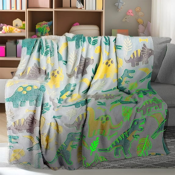 Glow In The Dark Dinosaur Blanket - Flannel Fleece Throw + Kids Bedspread, 200x150cm Polyester Soft Fabric, for Children's Bedroom Camping Trip, Magical Light Decor, L