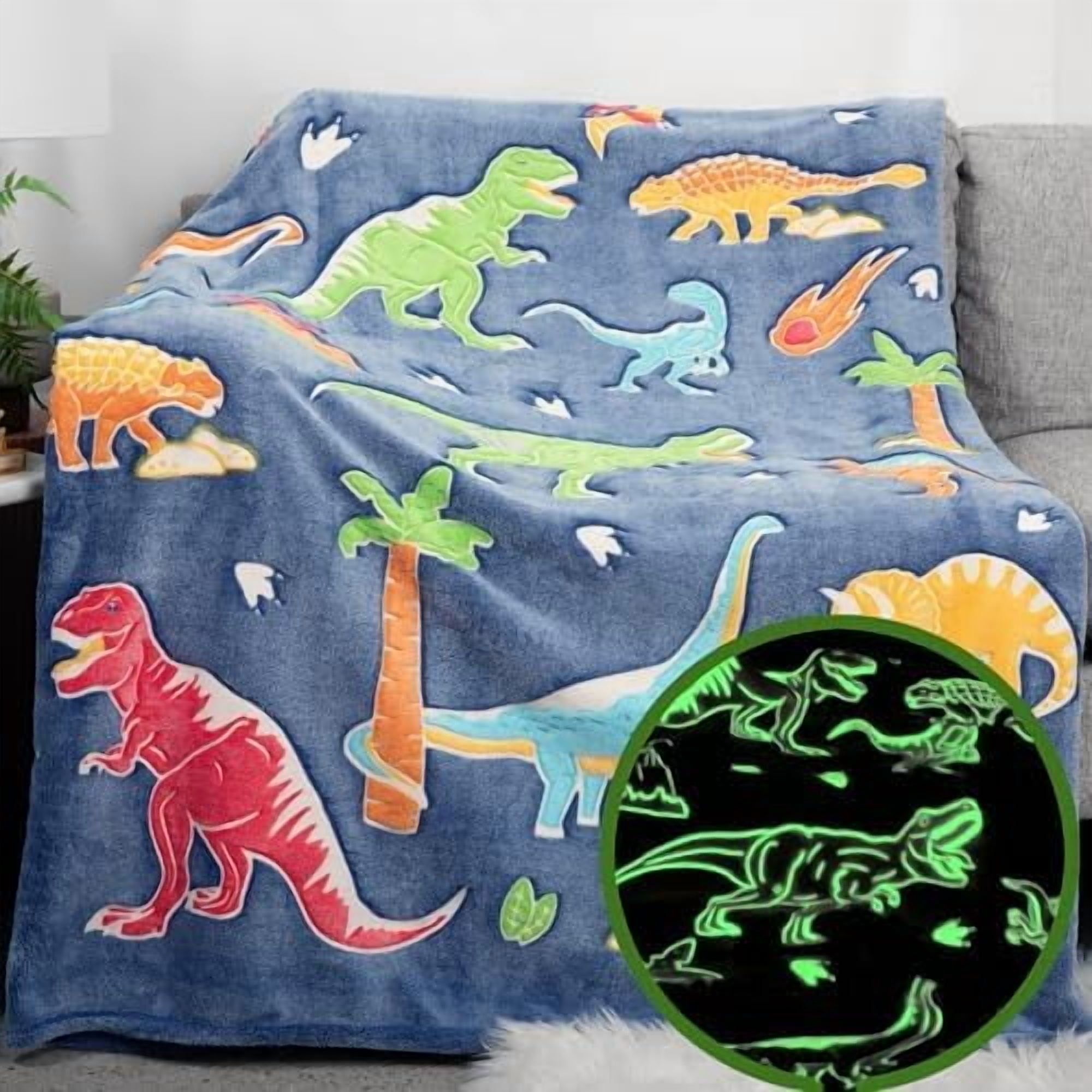 Glow in The Dark Dinosaur Blanket for Kids, 50"x60" Soft Fleece Throw Blanket, Perfect for Boys and Girls, Cozy & Fun Bedspread with Glowing Dinosaurs, Ideal for Bed, Couch, Travel