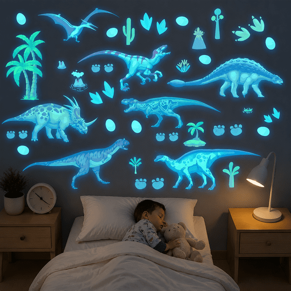 Glow in The Dark Dinosaur Wall Decals, Glowing self-Adhesive Stickers for Ceiling, Room Removable Fluorescent Wall Stickers Room Stickers Boys and Girls Room Decoration Gift