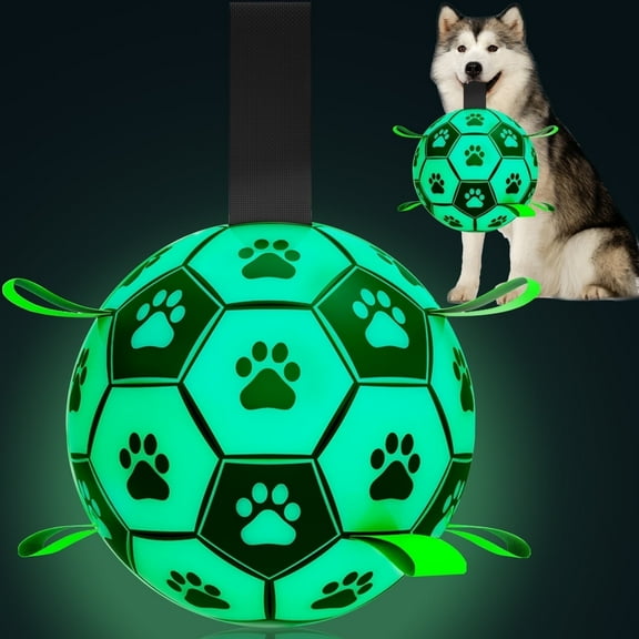 Glow in The Dark Dog Toys - 8 Inch Upgraded Interactive Light Up Soccer Balls, World Cup Dogs Football, Outdoor Tug Toys for Medium & Large Dogs Birthday Gifts