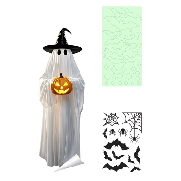 Glow in The Dark Ghost Window Clings with Spooky Witch Hat and Pumpkin Light, Halloween Window Decorations for Student Rooms and Party Glass, Halloween Party Supplies Ghost Decal