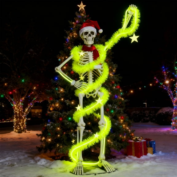 Glow in The Dark Giant Skeleton Christmas Outfit,12ft Skeleton Christmas Accessories Costume Including Giant Santa Hat,2Pcs Fluorescent Yellow Garlands,Scarf for Garden Lawn Indoor Outdoor Decor