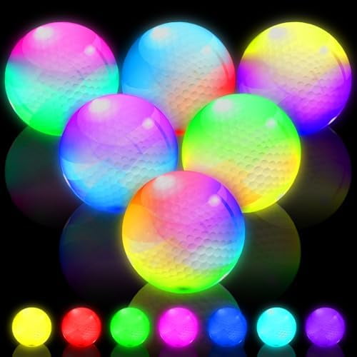 Glow in The Dark Golf with 7 Colors Keep Changing and Timer Resets Every Striking Light up LED Golf 48 Hours Battery Life Glowing Golf Ball for Night Golfing 6 Pack