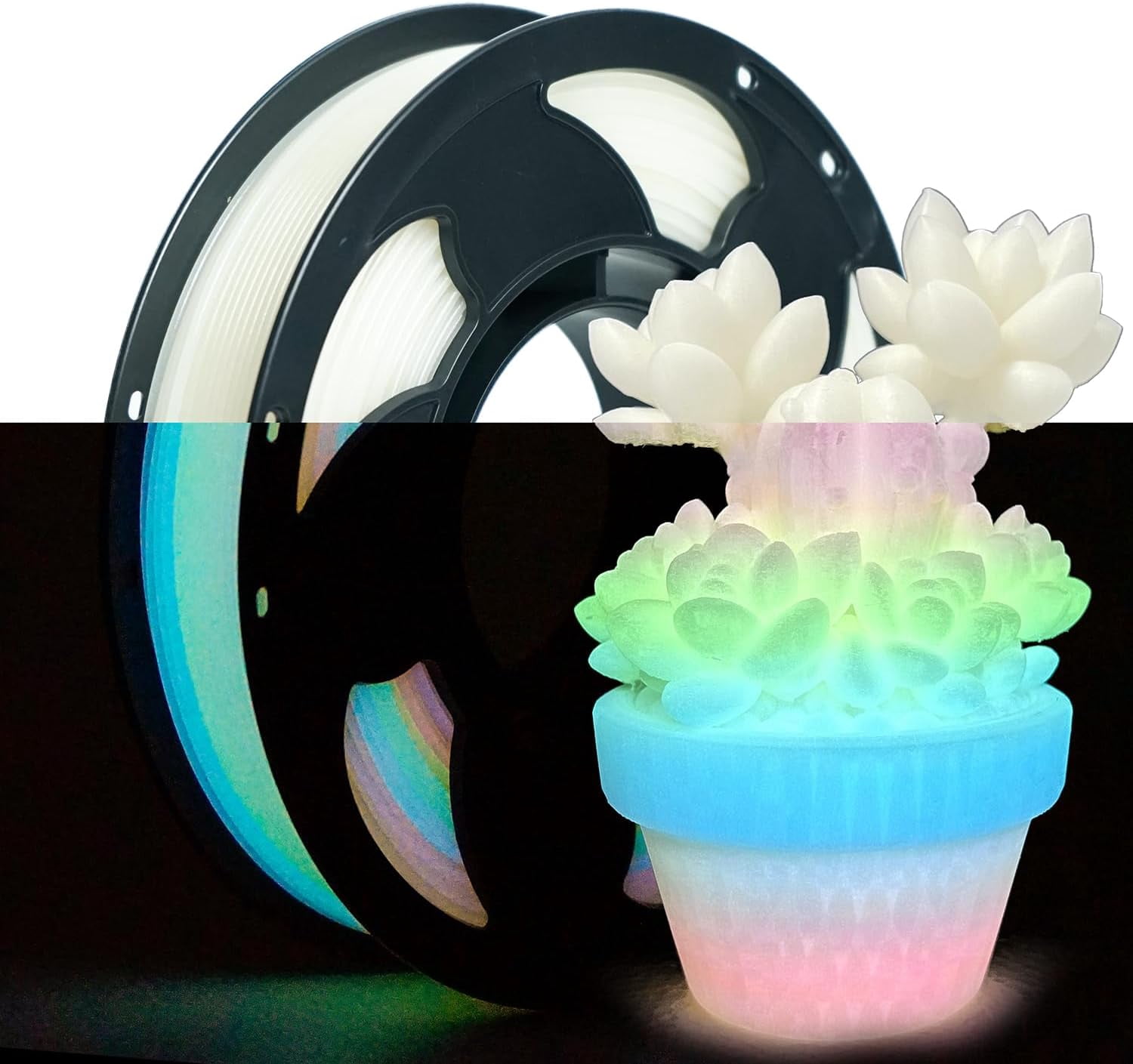 Glow in the Dark Gradient Rainbow 1.75mm PLA Filament, Luminous Rainbow Vibrant Bright 3D Printer Filament, 0.25kg 250g Small Spool 3D Printing PLA Filament Rod