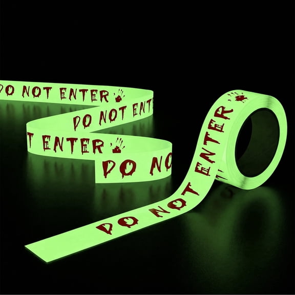 Glow in The Dark Halloween Caution Tape 2 in x 16.4 ft, Do Not Enter Hazard Warning Tape, Scary Barricade Decoration for Indoor Outdoor Party, Haunted House, Front Door, Yard, DIY Spooky Decor, 2pcs