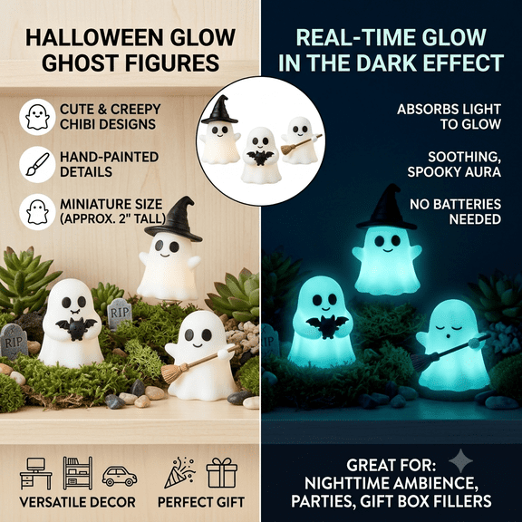 Glow in The Dark Halloween Ghost Figurine, Cute Spooky Miniature Ornament for Desktop Shelf Home Decor, Halloween Party Supplies Gift, Creepy but Adorable Collectible Figure (1pc)