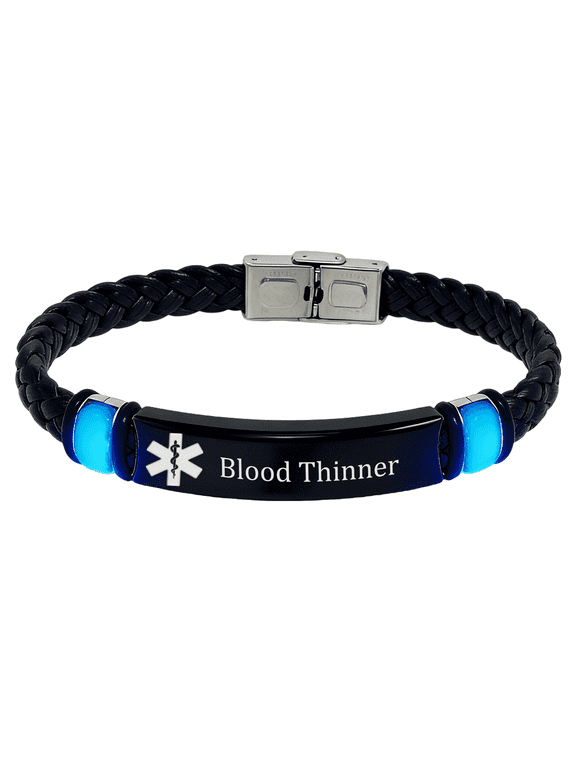 Glow in the Dark Medical Alert ID Leather Bracelet for Men Women, Diabetic/Epilepsy/Blood Thinner Identification Alarm Wristband for Meds Disease Allergies Awareness Jewelry for Emergency