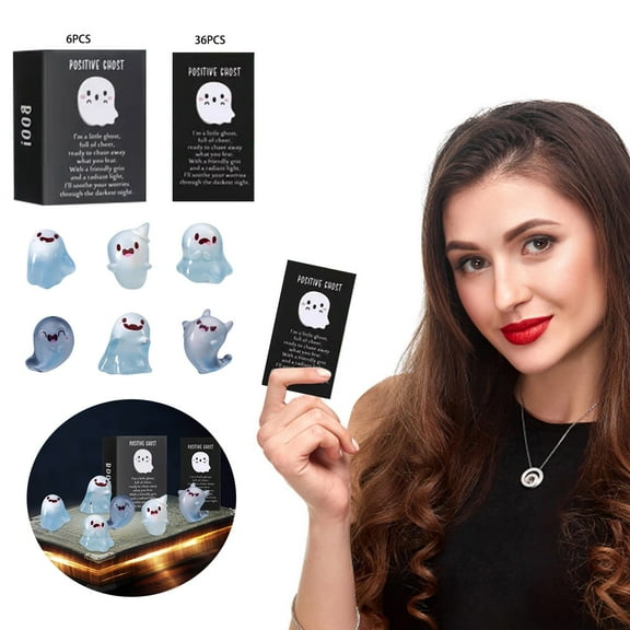 Glow in The Dark Mini Ghost Figurines 6 Sets Luminous Resin Spirit Figures with Boxes 36 Positive Cards Halloween Party Favors Gift Basket Stuffer Office Table Decor Home Decoration