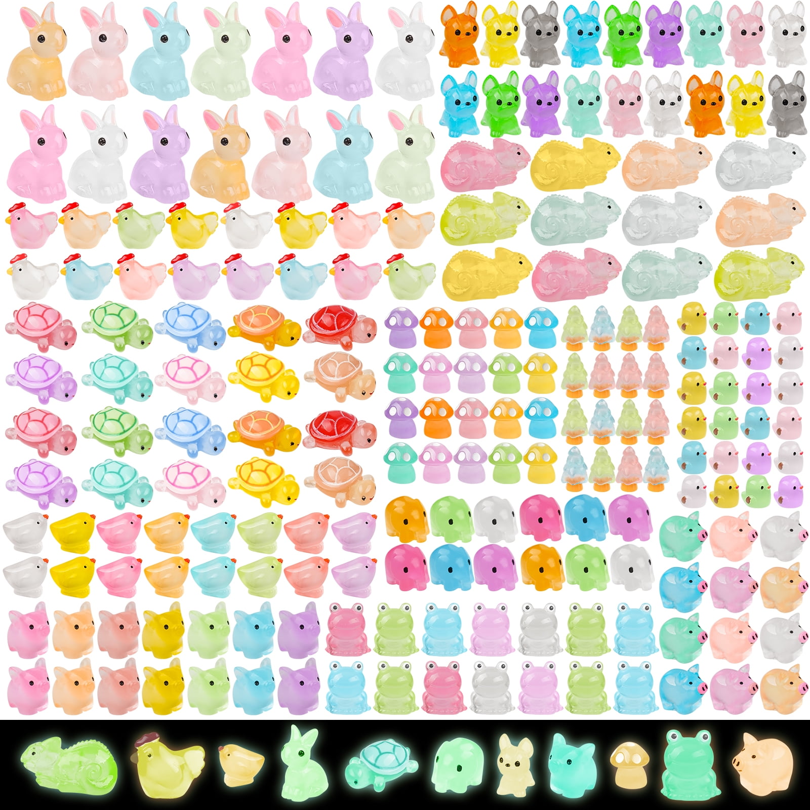 Glow In The Dark Mini Resin Animal Figurines, Luminous Indoor & Outdoor Decorations for Garden Decor, Aquarium Displays, Fairy Tale Miniature Landscapes, Potted Plants, Hide & Seek Play (206PCS)