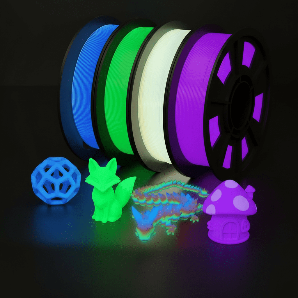 Glow in The Dark Multicolor Fast Change 3D Printer Filament 1.75mm, Green, Blue and Purple rainbow, 1.75mm PLA Filament, 3D Glitter Printing Filament 250g X 4 Pack