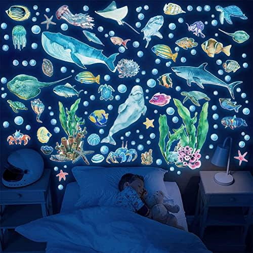 Glow in The Dark Ocean Fish Wall Decals,Under The Sea Wall Stickers Decals Decor Luminous Sea Life Animals Waterproof Stick Wall Decal for Kids Boys Bedroom Watercolor Creatures Decor (Ocean)