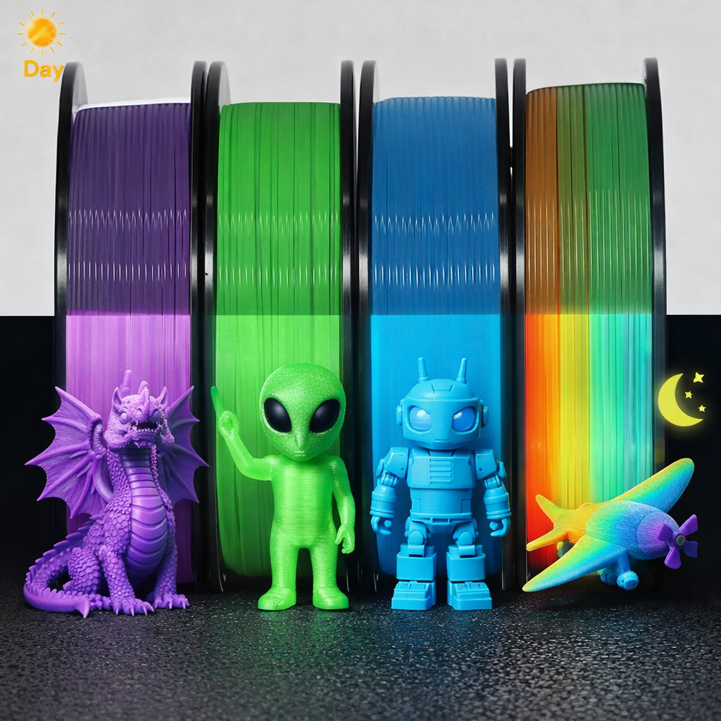 Glow in The Dark PLA 3D Printer Filament Bundle 1.75mm Green Blue Purple Rainbow 4 Pack 3D Printing Filament Dimensional Accuracy +/- 0.03mm for Most FDM 3D Printers
