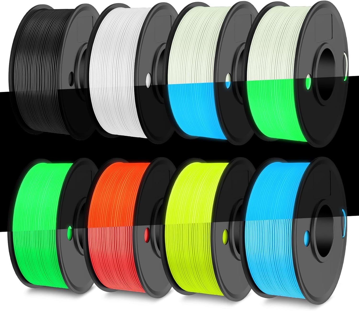 Glow in The Dark PLA Filament, Neatly Wound Luminous PLA 3D Printer Filament Bundle, 250g/Spool, 2 Spool of PLA Black/White and 6 Spools of Glowing PLA Blue/Green/Red/Yellow
