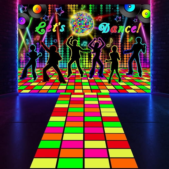 Glow in The Dark Party Decoration Supply 2 Pcs 3.9x5.9 ft Neon Glow Party Backdrop 39x118 Light up Dance Floor Blacklight Rug Photo Booth Background for Bar Disco Birthday 70s 80s(Dance)