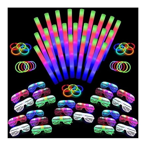 Glow In The Dark Party Supplies 140 Piece - Party Props Blacklight Party Supplies - LED Glasses, Foam Light Up Sticks, Glow Party Sticks - Neon Party Favors Hora Loca Party Supplies for Adults