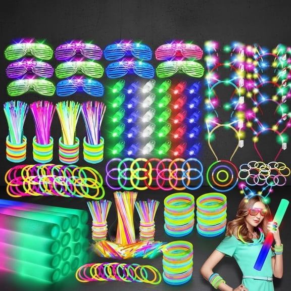 Glow in the Dark Party Supplies, Foam Sticks, LED Glasses, Glow Sticks, Finger Lights, Bunny Ear Headband and LED Cat Ear Headband for Wedding, Birthday, Concert, New Year