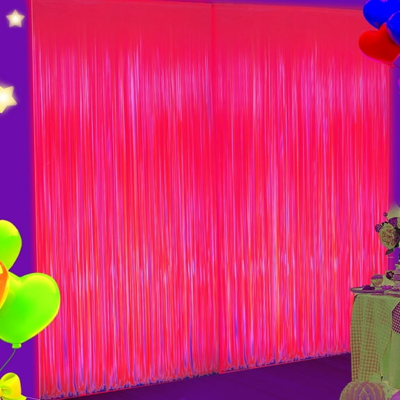 Glow in The Dark Party Supplies Foil Fringe Curtains (2-Pack) - 3.3x6.6ft Neon Fuchsia Backdrop for UV Blacklight Party Decor, Neon Birthday Party Decorations& Glow Party Supplies Streamers (Fuchsia)