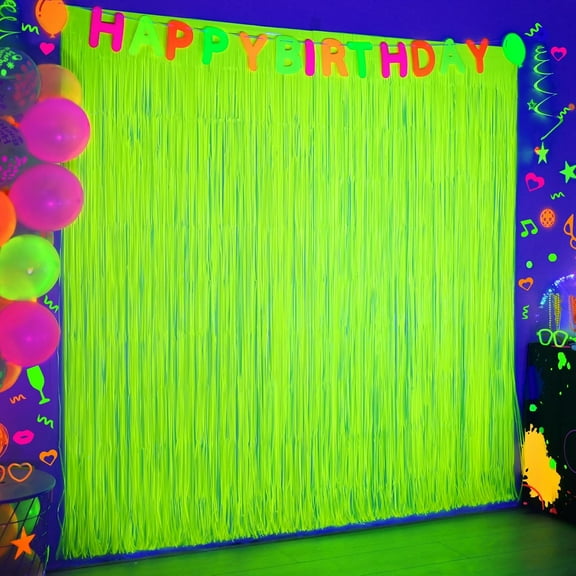 Glow in The Dark Party Supplies Foil Fringe Curtains (2-Pack) - 3.3x6.6ft Neon Yellow Backdrop for UV Blacklight Party Decor, Neon Birthday Party Decorations& Glow Party Supplies Streamers (Yellow)