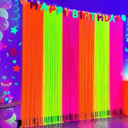 Glow in The Dark Party Supplies, Neon Party Decorations Foil Fringe Curtains with Tinsel Backdrop(2-Pack), Fluorescent Yellow/Orange/Pink Streamers for Photo Booth Birthday Decorations-6.6x6.6ft