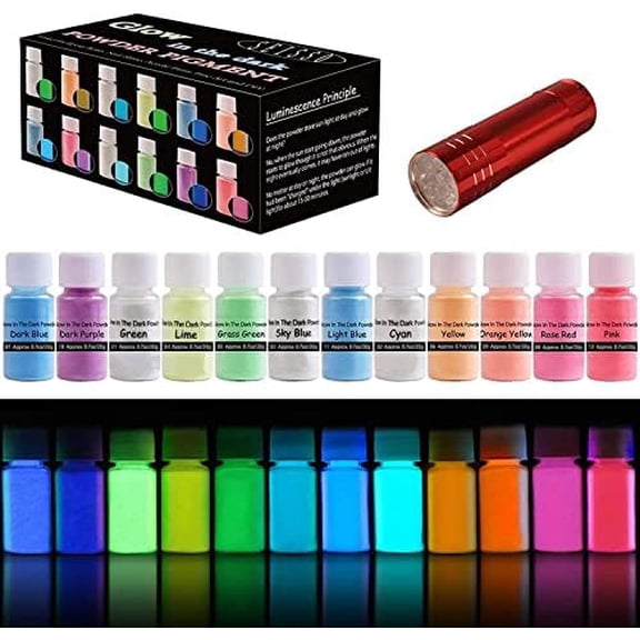 Glow in the Dark Pigment Powder, 12 Color 0.7oz/20g Epoxy Resin Luminous Powder Set for Resin Art, Nail Art, Acrylic Paint and DIY Crafts, Gift for Halloween Party$$Art & Craft