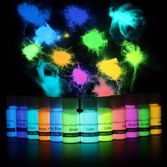 Glow in The Dark Pigment Powder, 12 Colors Luminous Powder Set for Epoxy Resin, Fine Arts, DIY Crafts, Nail Art, Halloween, Party - 20g Each, 240g Total, Safe and Long Lasting