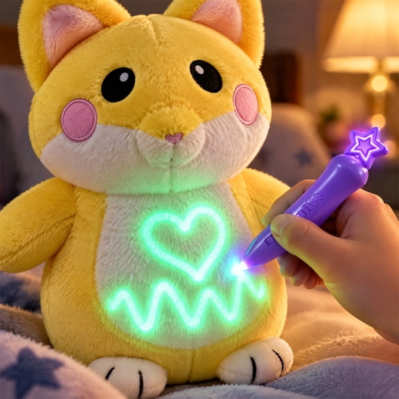 Glow in the Dark Plush Toy for Kids with Light Pen Soft Cuddly Draw with Light Create Magical Glow Artwork Stuffed Plushie Gift for Children(Yellow Fox)