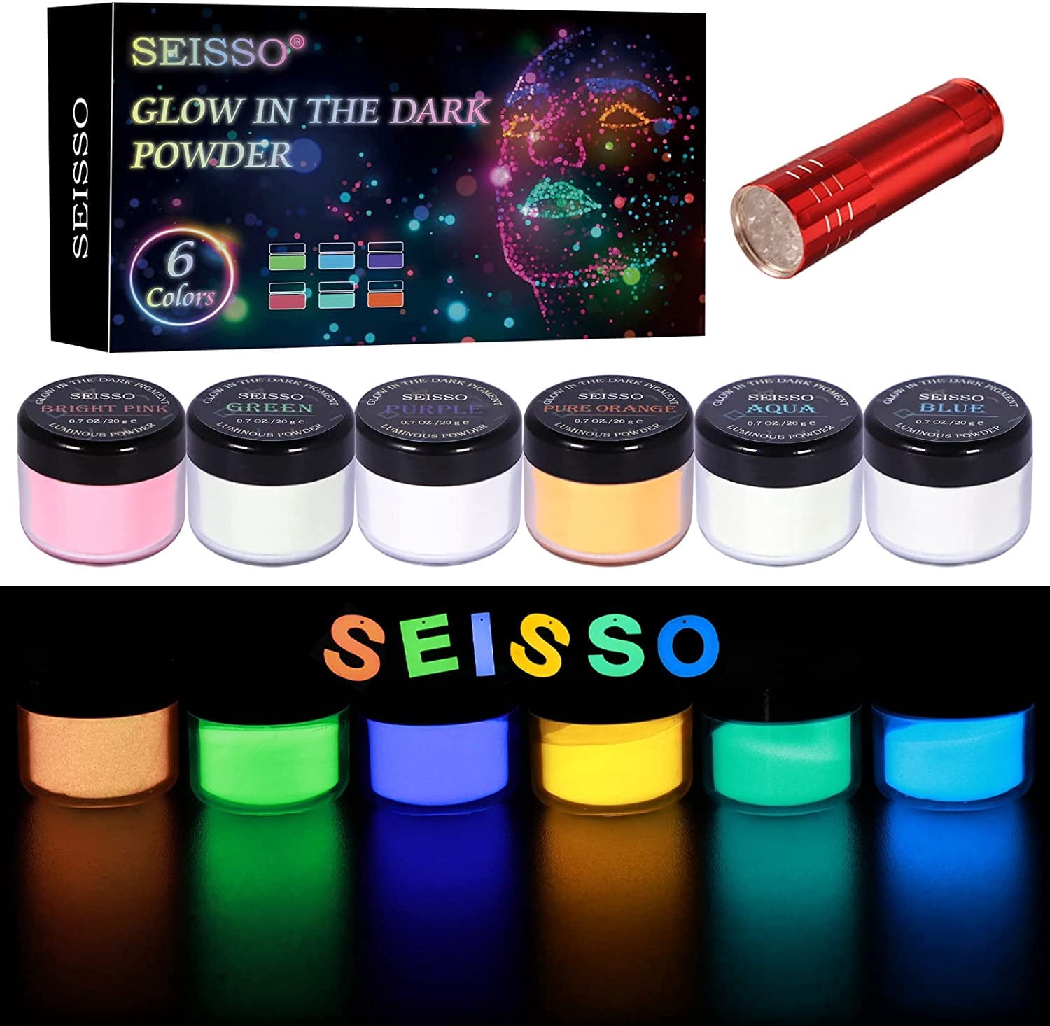 Glow in The Dark Powder Pigment with Flashlight, 120g Luminous Powder ...
