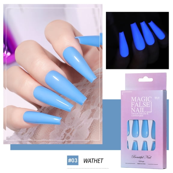 Glow in The Dark Press on Nails Coffin Extra Long Press on Nails Light Blue False Nails Luminous Fake Nails Glossy Gel Press on Nails Long Full Cover Artificial Nails False Tips Manicure for Women