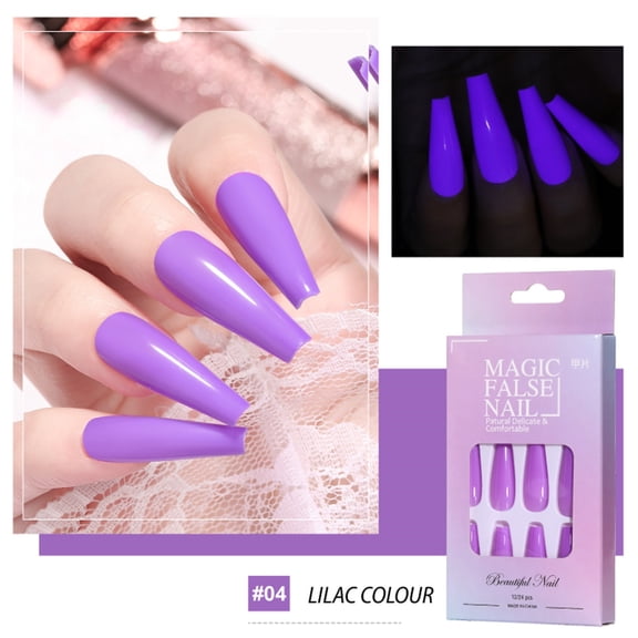 Glow in The Dark Press on Nails Coffin Extra Long Press on Nails Lilac False Nails Luminous Fake Nails Glossy Gel Press on Nails Long Full Cover Artificial Nails False Tips Manicure for Women