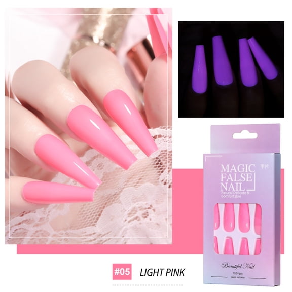 Glow in The Dark Press on Nails Coffin Extra Long Press on Nails Pink False Nails Luminous Fake Nails Glossy Gel Press on Nails Long Full Cover Artificial Nails False Tips Manicure for Women