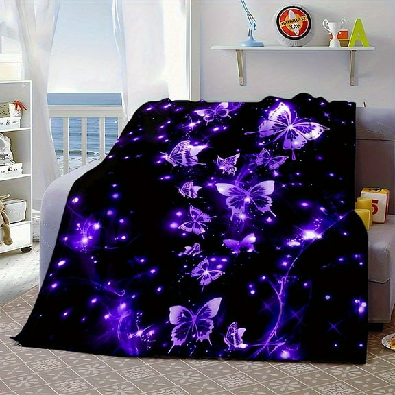 Glow in the Dark Purple Butterfly Flannel Blanket UV Glow Night Bedspread 280gsm All Season Soft Throw with Black & Purple Butterfly Pattern Glows Under Blacklight for s Room Bed Couch Dorm