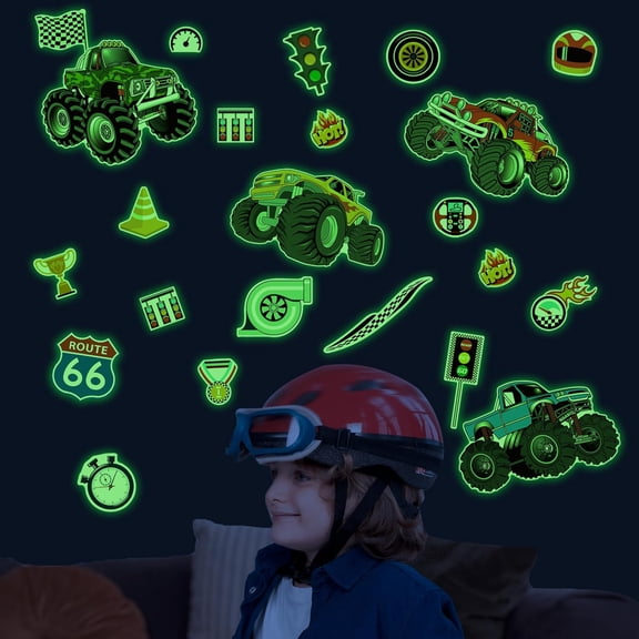 Glow in The Dark Racing Car Wall Stickers, Truck Kids Bedrooms Wall Decals, Racing Theme Big Foot Truck Ceiling Decor, Nursery Classroom Playroom Home Decor Gifts